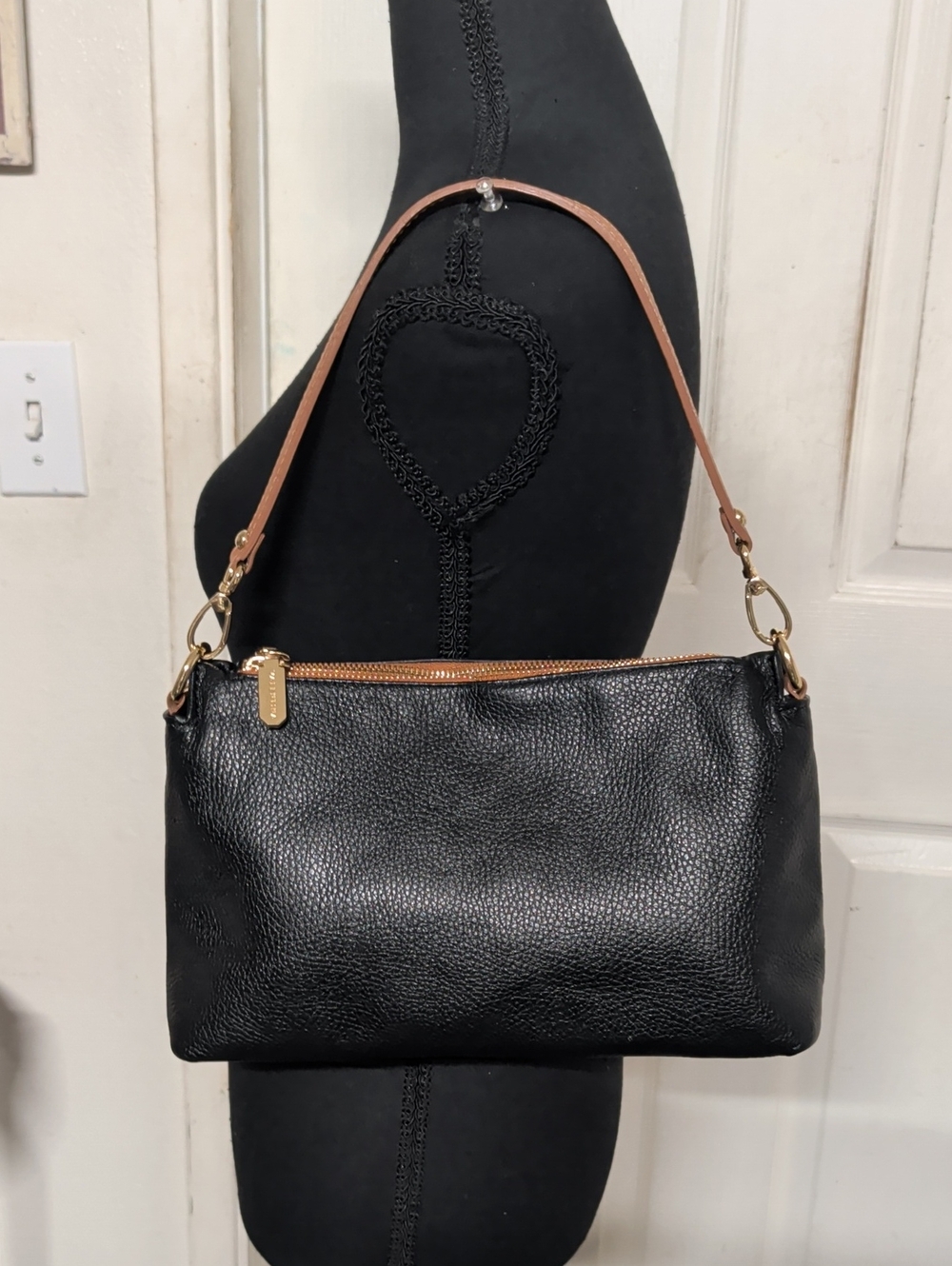 Valentina Italia Black Shoulder Bag Pebbled Leather Tan Strap Hobo Purse